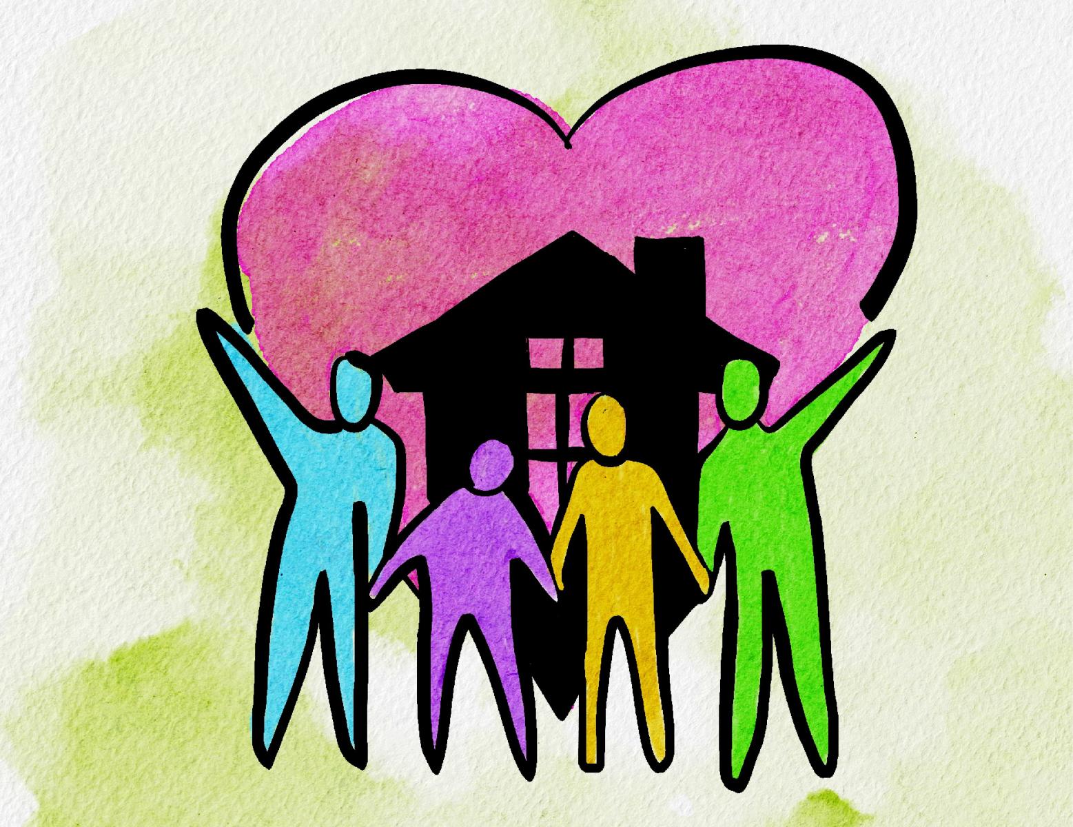Graphic with drawn people in blue, purple, yellow and green in front of a black house outline in a pink heart