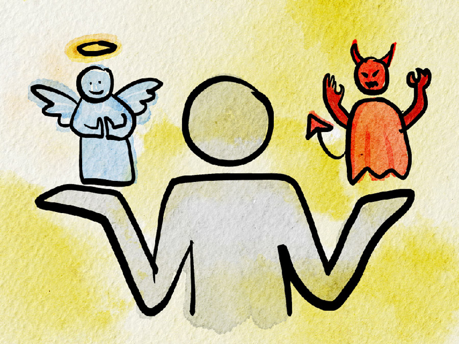 Graphic with drawn person holding angel in one hand and devil in other