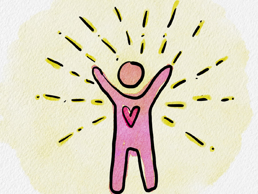 Graphic with drawn individual with heart on chest and arms in the air