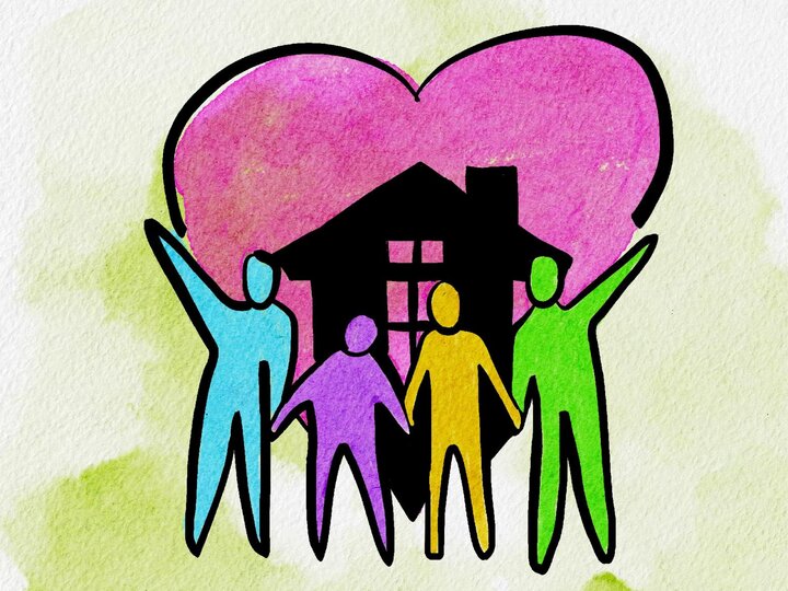 Graphic with drawn people in blue, purple, yellow and green in front of a black house outline in a pink heart