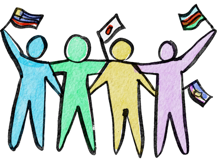 Cartoon outlines of humans waving flags from various countries link arms