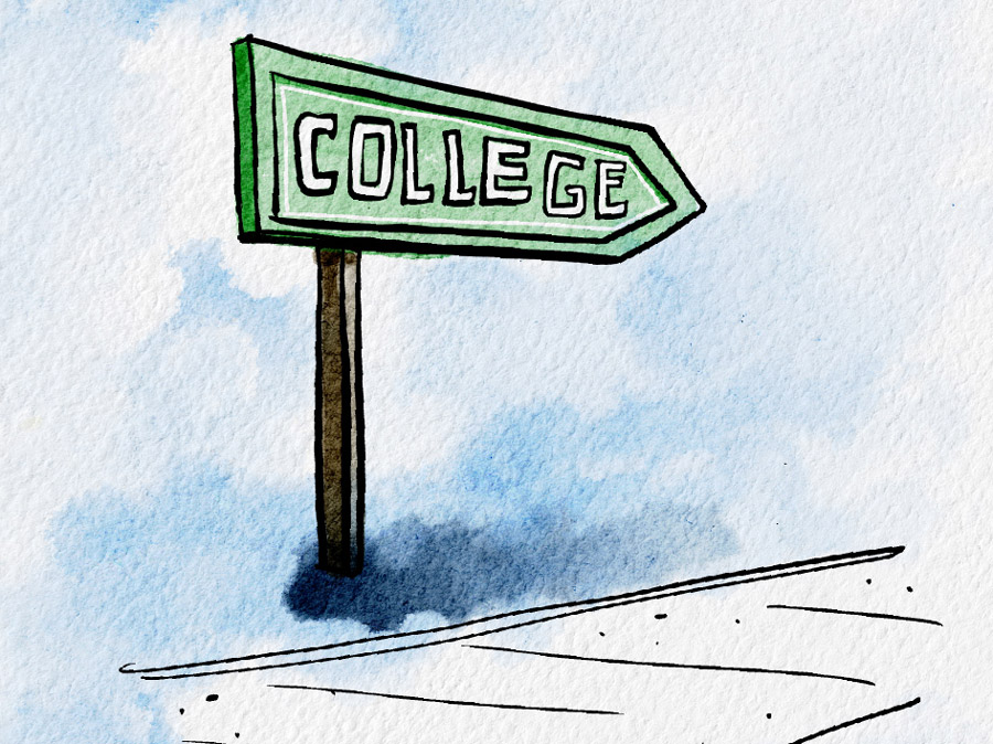 Graphic with arrow drawn sign that says college